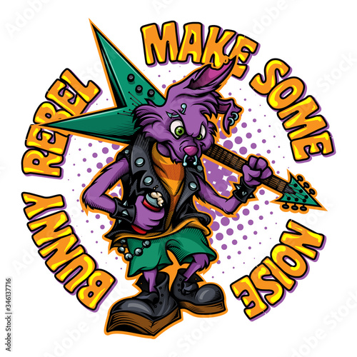 "Bunny rebel, make some noise" - poster design. Rock bunny mascot. Colorful vector illustration of rabbit in rock outfit with guitar, beer can and piercing in cartoon ink style. Isolated on white.