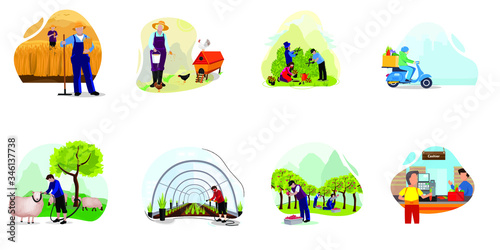 Harvesting People. Farmer flat illustration. People gathering crops or seasonal harvest, collecting ripe vegetables, picking fruits and berries, remove leaves. Men, women work on a farm. Flat design