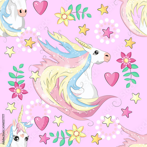 Cute unicorn, princess concept, girl beauty seamless pattern. cartoon design.