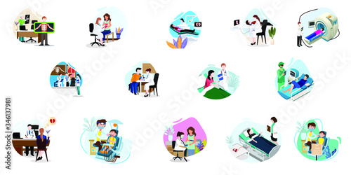 Doctors treat they patients. Medical staff work to heal patients. Doctor for covid19  patients. corona virus disease. Work from home. Flat vector illustration isolated on white background.
