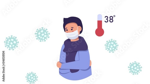 A sick boy with a thermometer that shows the temperature of heat. Animation in a flat cartoon style