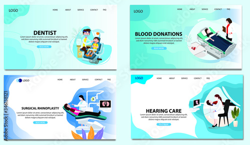 Woman give a blood donation. Concept for Blood donors. The doctor checks a dental health of girls. Concept for Health and medical. Web Template Concept. Landing Page Concept. Flat Vector Illustration