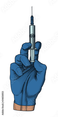 Hand with injection syringe. Colorful vector illustration in engraving technique of doctor hand in glove with medical injection syringe. Isolated on white.