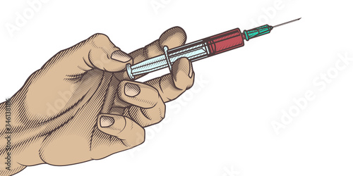 Hand with injection syringe. Colorful vector illustration in engraving technique of human hand with medical injection syringe. Isolated on white.