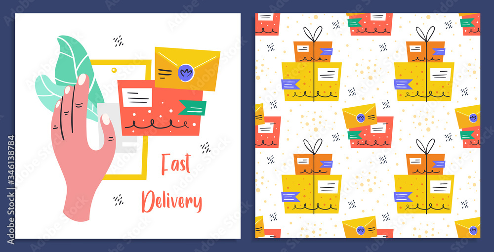 Hand holding phone. Safe delivery. Mail, box, delivery. Post. Fast service. Flat colourful vector illustration icon sticker isolated on blue background.