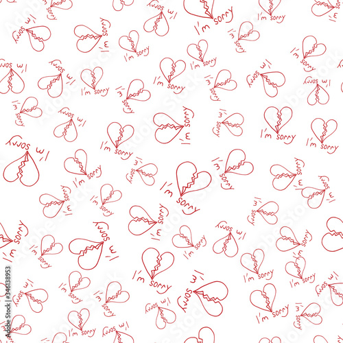 Pattern, seamless background. Broken heart. Two halves of a broken heart with words of forgiveness. Red lines on a white background. Doodle vector illustration.  © Павел