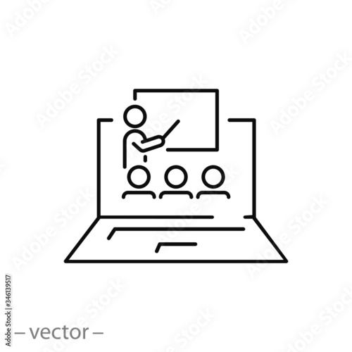 e-learning on pc, icon, distance workshop, online education, training course in computer, thin line web symbol on white background - editable stroke vector illustration eps10