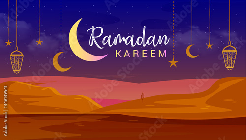 Vector Illustration Ramadan Kareem. Desert on the night. Ramadan Kareem Muslim Religion Holy Month. Flat Vector Illustration