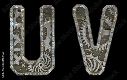 Set of mechanical alphabet made from rivet metal with gears on black background. Letters U and V. 3D