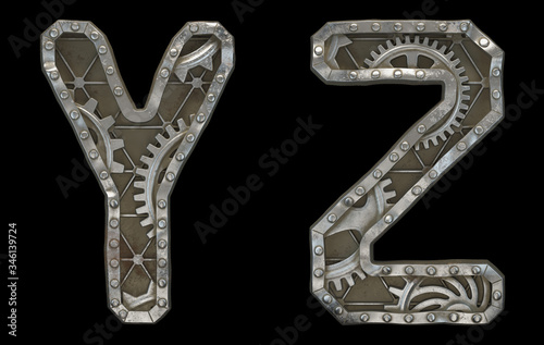 Set of mechanical alphabet made from rivet metal with gears on black background. Letters Y and Z. 3D