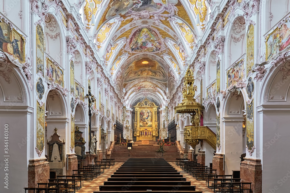 Freising, Germany. Interior of Freising Cathedral (St. Mary and St. Corbinian Co-Cathedral). The church was founded in 1159. The present Rococo interior was created in 1724 by Asam brothers.