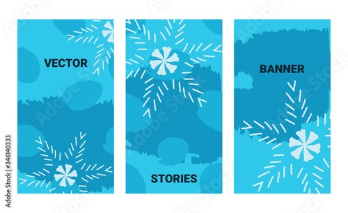 Set of winter banners for social media stories with grunge textures and abstract snowflake. Story templates for cover, flyer, brochure.