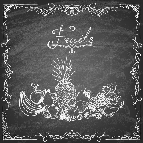 Set of fruit on the blackboard. Hand drawn elements. Vector illustration.