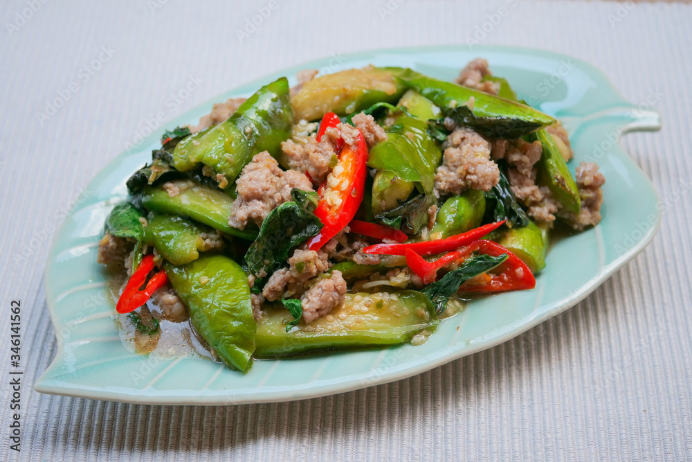 Stir-fried eggplant and minced pork. Stir-fried eggplant and minced pork.