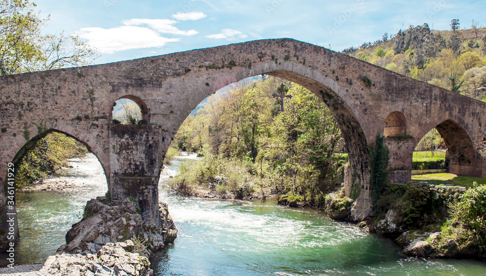 Roman bridge of Cangas de Onis in Asturias in a sunny day