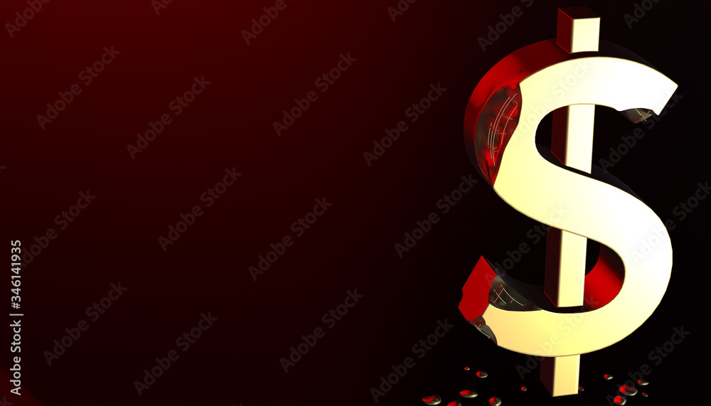 Obraz premium Gold dollar sign destruction symbol, 3d rendering
