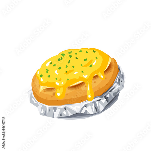 Baked potatoes with cheese and herbs in foil. Vector illustration flat cartoon icon isolated on white.