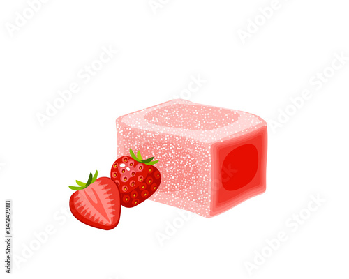 Turkish delight, lokum. Traditional oriental sweet candy with strawberry. Vector illustration cartoon icon isolated on white.