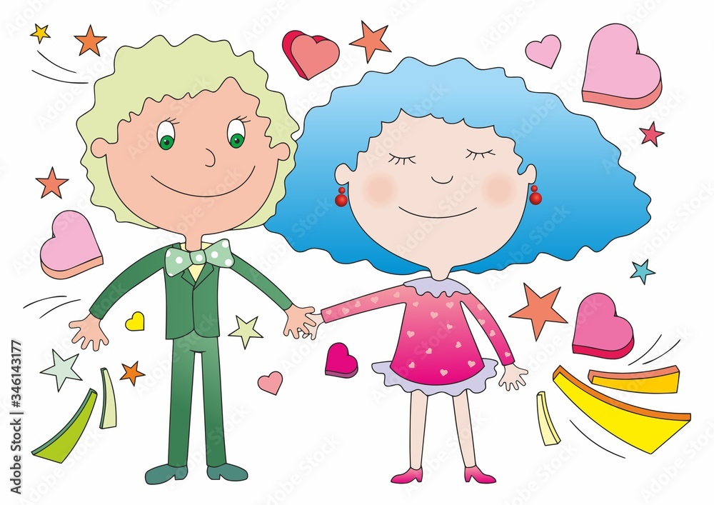 Happy couple in love. Funny bright illustration. Happy valentine’s day with lover. Hold one’s hand. Decoration greeting card, banner, website. Happy couple in love. Funny bright illustration. Happy valentine’s day with lover. Hold one’s hand. Decoration greeting card, banner, website.