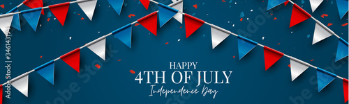 4th of July Independence day celebration banner or header. USA national holiday design concept with bunting flags. Vector illustration.