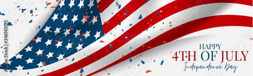 4th of July Independence Day celebration banner or header. USA national holiday design concept with a waving flag and confetti. Vector illustration.