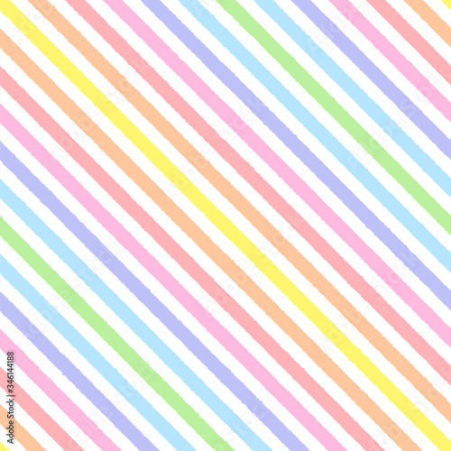 Rainbow seamless diagonal striped pattern, vector illustration. Seamless pattern with rough pastel colorful lines. Kids pastel rainbow geometric background with rough lines