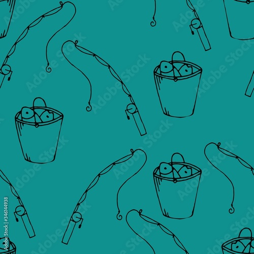 vector seamless pattern, fishing rod and catch on a turquoise background