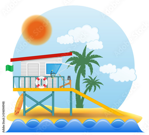 beach lifeguard tower to save drowning people vector illustration