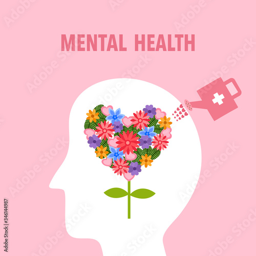 Silhouette of human head with colorful flower inside. Watering flower in the brain. Mental health concept vector illustration. Psychological therapy and treatment. World mental health day.