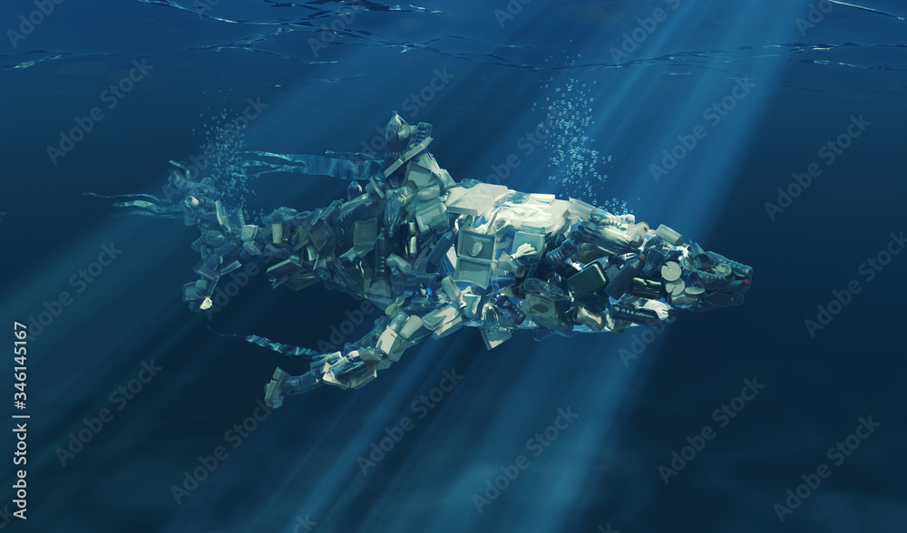 Shark Underwater Made from Plastic Waste . Plastic Pollution Concept ...