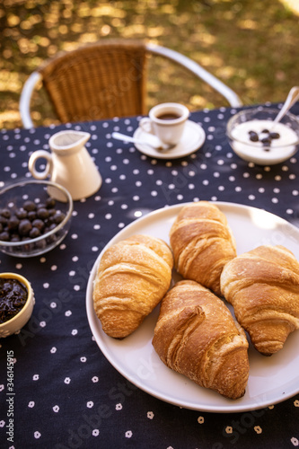 breakfast in the garden with coffee, yogurt, fresh blueberries and a plate of croissants in the foreground