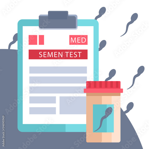Semen test on white backdrop. Medical tablet and test jars for social banner, website element, health care promo, medical poster. Chemist shop logo or info card. Flat style stock vector illustration