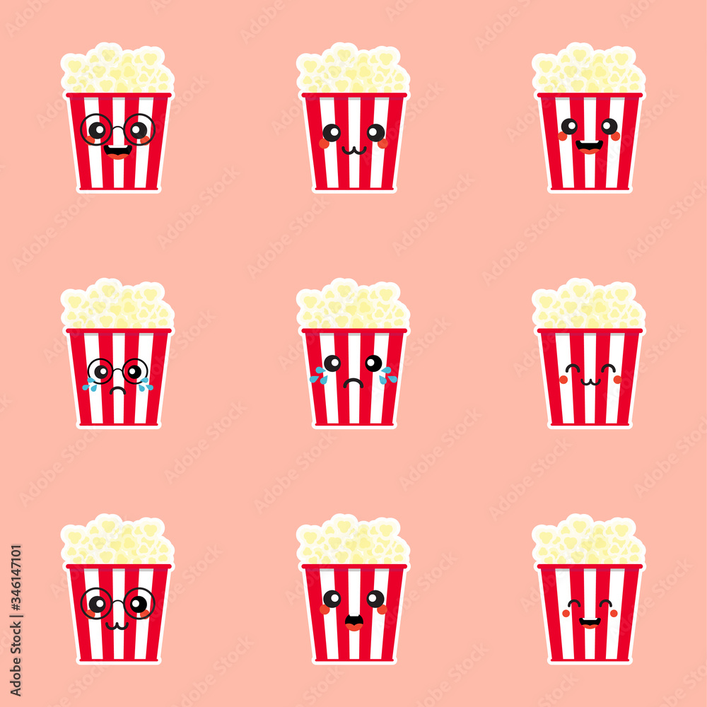 Cute and kawaii popcorn in cinema vector cartoon characters set isolated on a color background