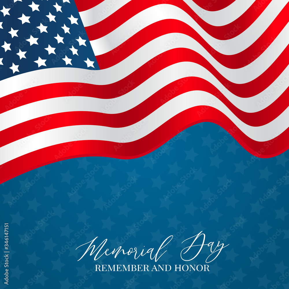 Memorial Day banner. Remember and honor. Waving USA flag. National celebration concept. Vector illustration.