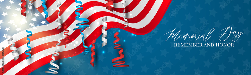 Memorial Day banner. or header Remember and honor. Waving USA flag. National celebration concept. Vector illustration. - obrazy, fototapety, plakaty 