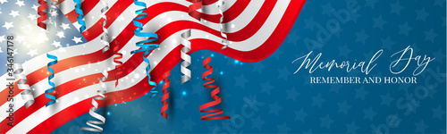 Memorial Day banner. or header Remember and honor. Waving USA flag. National celebration concept. Vector illustration.