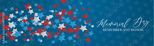 Memorial Day banner or header. Simple design. Blue, red, and white stars. Vector illustration.
