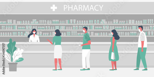 Pharmacy during the coronavirus epidemic. People in medical masks in the pharmacy. The pharmacist stands near the shelves with medicines. Visitors keep their distance in line. Vector flat illustration photo