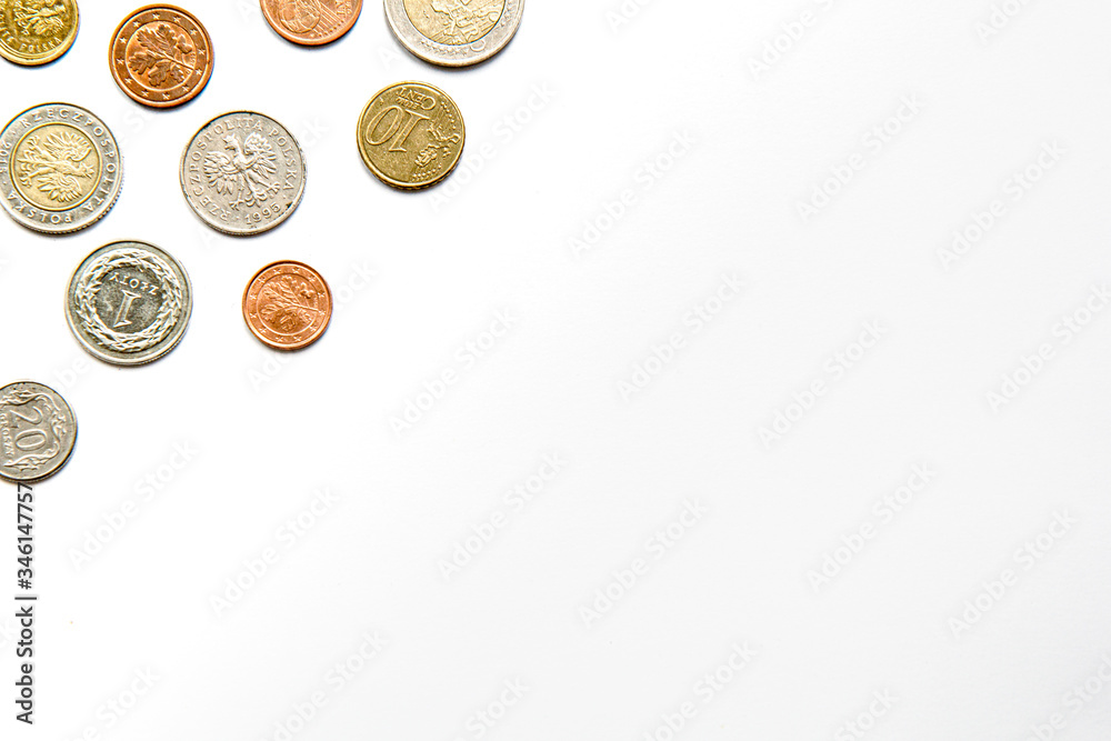 White background with coins in the corner White background with coins in the corner