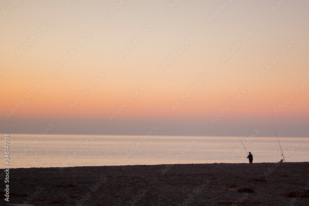 pescador, playa, amanecer, tranquilidad, paz, harmonia
