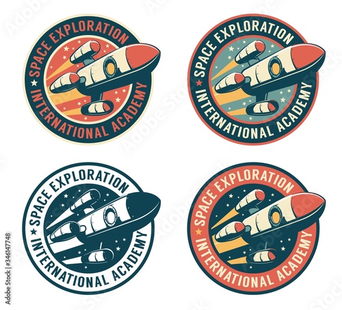 Space badge with flying rocket. Galaxy exploration retro emblem with spaceship. Vector vintage illustration.