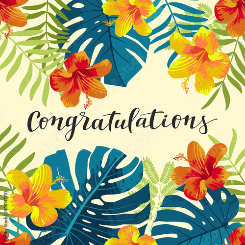 Congratulations greeting card. Tropical Summer seamless pattern with monstera leaves and hibiscus flowers. Bright jungle background. Vintage muted colors. Hawaiian graduate party backdrop