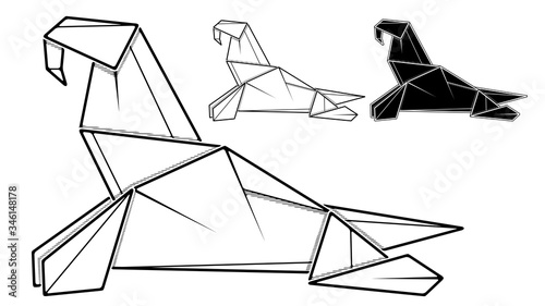 Vector monochrome image of paper walrus origami (contour drawing by line).