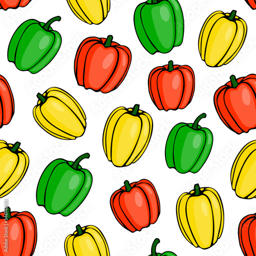 Vector seamless pattern with cartoon bell peppers. Template for kitchen textile and fabric. Sketch of farm and garden vegetable, harvesting season