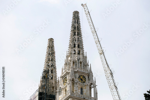 In earthquake damaged Zagreb cathedral and crane