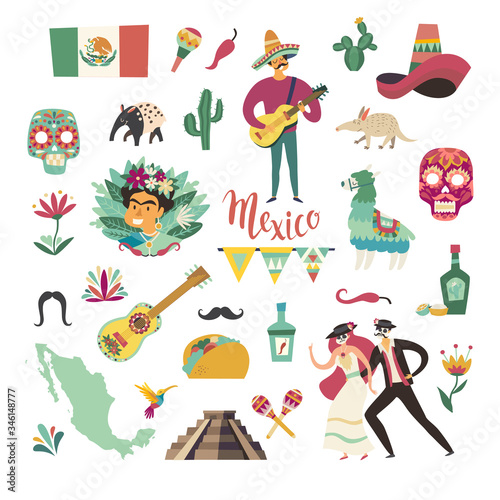 Mexican collection vector illustration. Mexico symbols and landmarks. Colorful drawings icon about Mexico isolation on white background