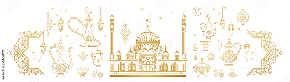 Vector set with arabic elements for Islamic Holidays, Ramadan Greetings, Iftar Party invitation.