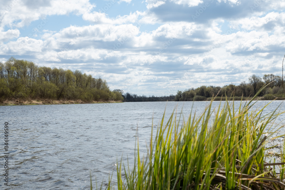 Nature landscape in spring. River, forest and blue sky. Nature landscape in spring. River, forest and blue sky.