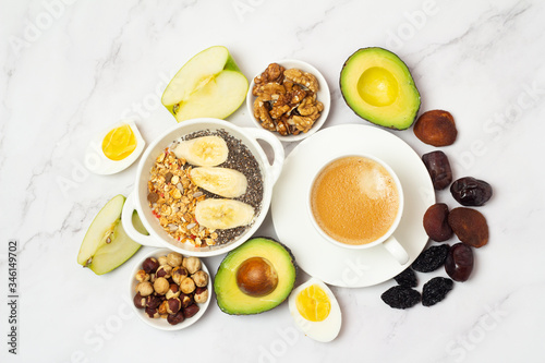 healthy organic breakfast on a white background close up