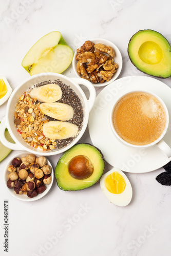 healthy varied organic breakfast on a white background 